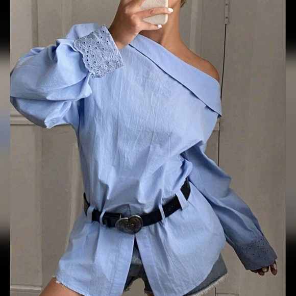 Tops - Women Elegant Casual Asymmetrical Shoulder Long Sleeve Belted Splice Cuff Blouse